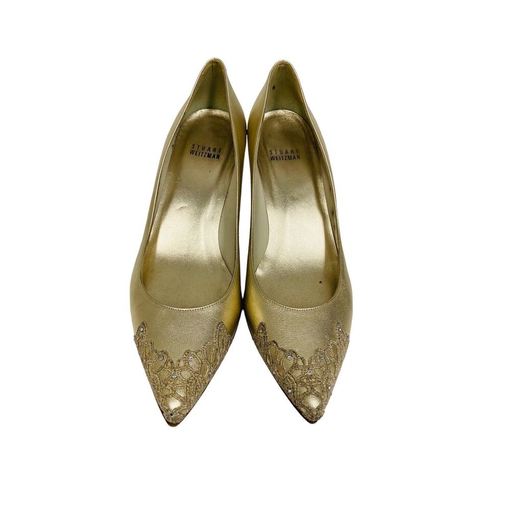 STUART WEITZMAN Gold Satin Embellished Crystal Pointed Toe Heels Pumps 8 - Picture 3 of 7